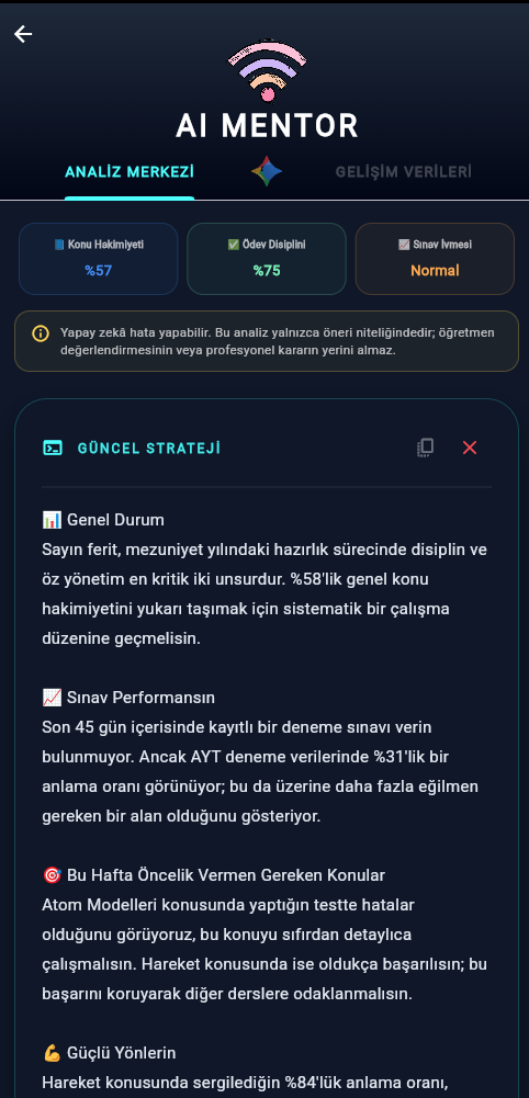 Öğrenciye özel AI gelişim raporu